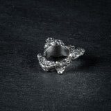 Sculptural silver ring 'Tephra' by Myon Rox – asymmetric open band, molten texture, unisex design, back view