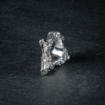 Sculptural oxidized silver ring 'Tephra' by Myon Rox – asymmetric open band, molten texture, unisex design, standing