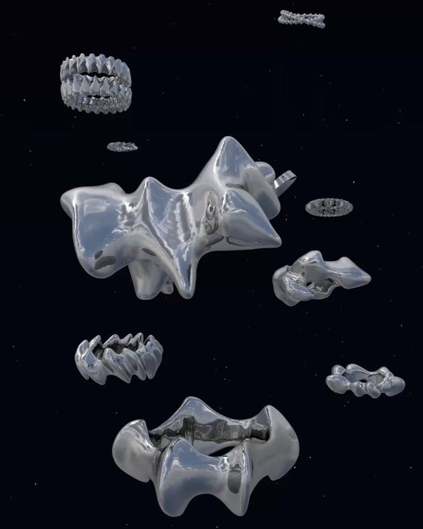 Instagram video featuring a 3D animation of different MYON ROX sterling silver rings floating and rotating in space against a dark cosmic background.